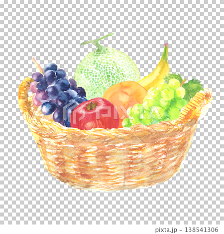 さまざまな果物が入ったバスケットの水彩イラスト さまざまな果物が入ったバスケットの水彩イラスト 138541306