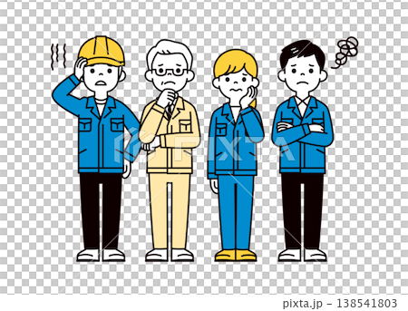 A set of full-body vector illustrations of the company president and male and female factory workers with troubled expressions and poses. A set of full-body vector illustrations of the company president and male and female factory workers with troubled expressions and poses. 138541803