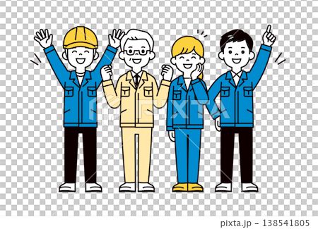 一組身著工作服的男女工廠工人的全身向量插圖,慶祝他們的成功和成就。 一組身著工作服的男女工廠工人的全身向量插圖,慶祝他們的成功和成就。 138541805