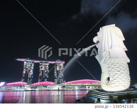 シンガポール　マリーナベイサンズとマーライオン　夜景 138542116