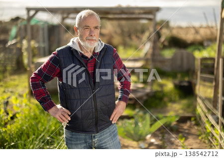 Mature man owner of plantation garden is resting standing after work and tasks Mature man owner of plantation garden is resting standing after work and tasks 138542712