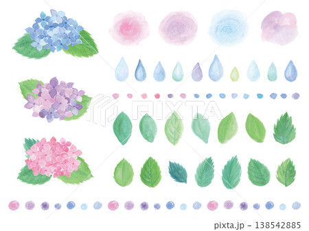 カラフルなあじさいと葉っぱや飾りラインのセット 138542885