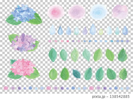 カラフルなあじさいと葉っぱや飾りラインのセット 138542885