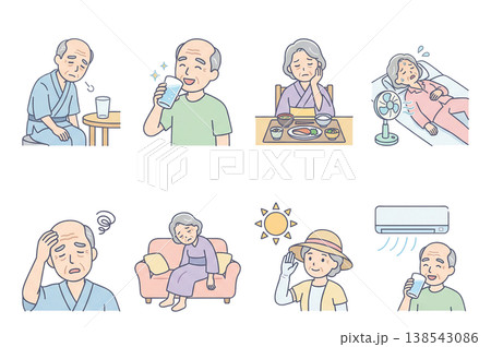 高齢者の熱中症症状と対策イラストセット（予防） 138543086