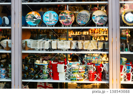 Showcase of Georgian souvenir shop with various colorful goods 138543088