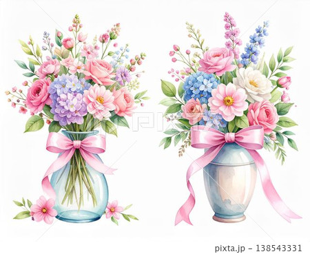水彩画のピンクの花束と花瓶のセット：リボン付きのフェミニンなフラワーアレンジメント　飾り　素材 138543331