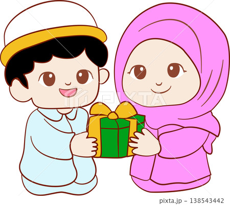 Cute Muslim boy and girl in traditional clothes holding gift Cute Muslim boy and girl in traditional clothes holding gift 138543442