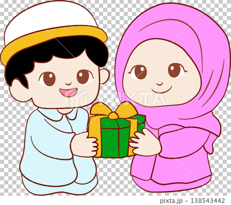 Cute Muslim boy and girl in traditional clothes holding gift Cute Muslim boy and girl in traditional clothes holding gift 138543442