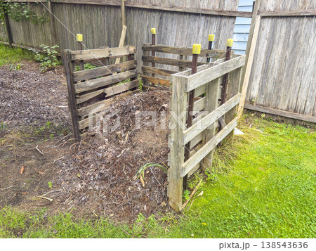 Photograph of a large and old compost bin in a garden Photograph of a large and old compost bin in a garden 138543636