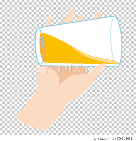 一隻手從玻璃杯中喝果汁的插圖。 一隻手從玻璃杯中喝果汁的插圖。 138543691