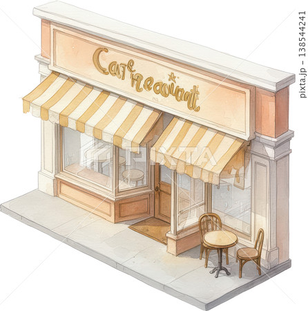 レトロな雰囲気のおしゃれなカフェ 水彩画風の店先とテラス席 138544241
