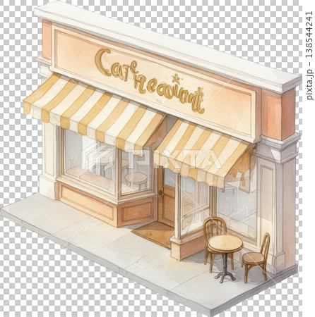 レトロな雰囲気のおしゃれなカフェ 水彩画風の店先とテラス席 138544241