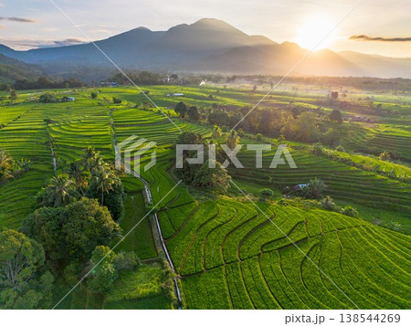 Beautiful morning view in Indonesia, panoramic landscape of rice fields with mountain ranges and clear sky 138544269