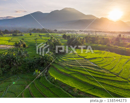 Beautiful morning view in Indonesia, panoramic landscape of rice fields with mountain ranges and clear sky Beautiful morning view in Indonesia, panoramic landscape of rice fields with mountain ranges and clear sky 138544273