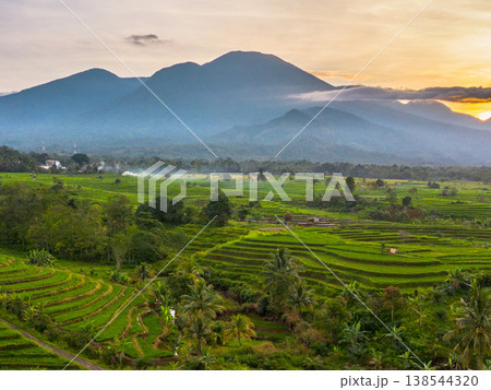 Beautiful morning view in Indonesia, panoramic landscape of rice fields with mountain ranges and clear sky 138544320