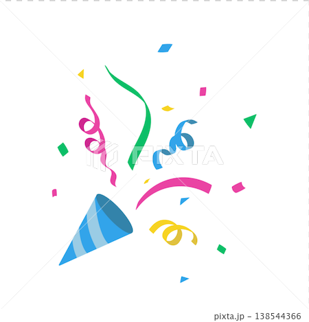 Illustration of a cracker, confetti and ribbons, colorful. 138544366