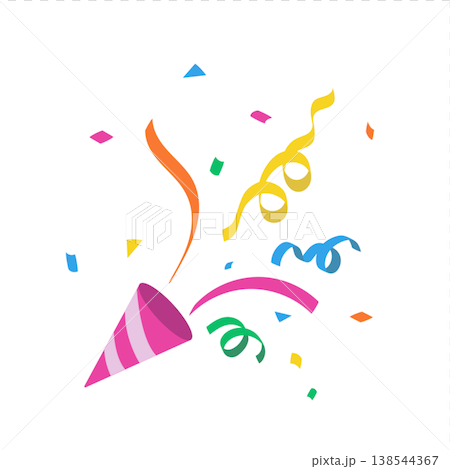 Illustration of a cracker, confetti and ribbons, colorful. Illustration of a cracker, confetti and ribbons, colorful. 138544367