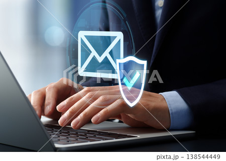 AIを活用したメールセキュリティソフトウェア。安全なメールフィルタリングと保護システム。盾とチェック 138544449
