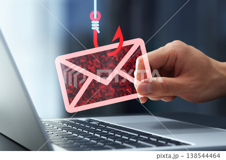 フィッシング攻撃や詐欺メール。フィッシング被害にあう男性。パスワードや身分証の盗難。なりすましや詐欺 フィッシング攻撃や詐欺メール。フィッシング被害にあう男性。パスワードや身分証の盗難。なりすましや詐欺 138544464