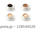 3Dスタイルのコーヒー四種（ブラック・カフェオレ・ミルク入りコーヒー・ラテアート） 138544520