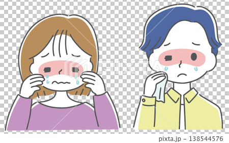 Illustrations of a man and woman suffering from itchy eyes. 138544576