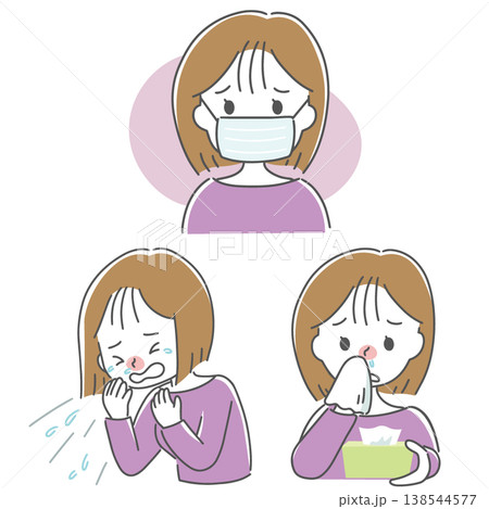 花粉症や風邪の症状に悩む女性のイラスト 花粉症や風邪の症状に悩む女性のイラスト 138544577