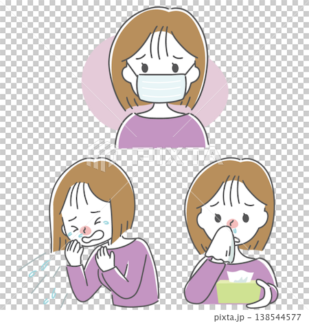 一幅描繪女性出現花粉症或感冒症狀的插圖。 138544577