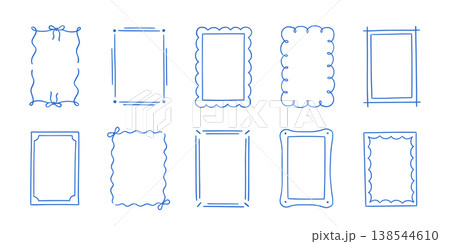 Frame border hand drawn line set. Frame border line hand drawn doodle rectangle vintage wavy bow picture. Cute whimsical decoration scallop squiggly curly wedding invitation. Vector 138544610