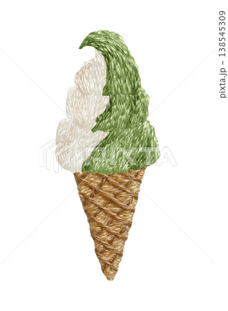 【ソフトクリーム抹茶味】手刺繍イラスト素材 138545309
