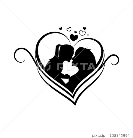 Mother and Daughter Silhouette Inside Heart Swirl Frame 138545994
