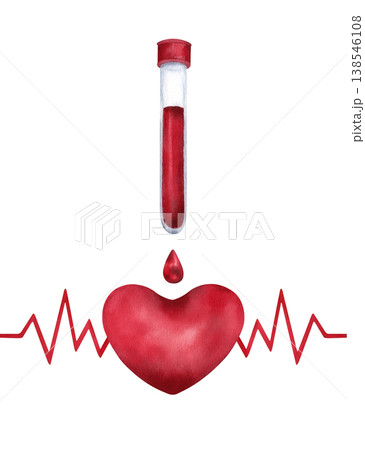 Watercolor illustration medical test tube with blood. Red drop is falling onto human heart symbol featuring cardiogram line. For cardiology, blood donation, health check-up, laboratory diagnostics Watercolor illustration medical test tube with blood. Red drop is falling onto human heart symbol featuring cardiogram line. For cardiology, blood donation, health check-up, laboratory diagnostics 138546108