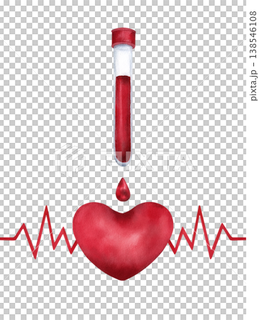 Watercolor illustration medical test tube with blood. Red drop is falling onto human heart symbol featuring cardiogram line. For cardiology, blood donation, health check-up, laboratory diagnostics Watercolor illustration medical test tube with blood. Red drop is falling onto human heart symbol featuring cardiogram line. For cardiology, blood donation, health check-up, laboratory diagnostics 138546108