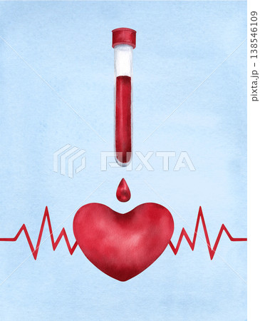 Template of laboratory test tube with blood, red drop, human heart symbol and cardiogram line. Hand painted watercolor illustration on blue background with copy space. Cardiology and donation cards Template of laboratory test tube with blood, red drop, human heart symbol and cardiogram line. Hand painted watercolor illustration on blue background with copy space. Cardiology and donation cards 138546109