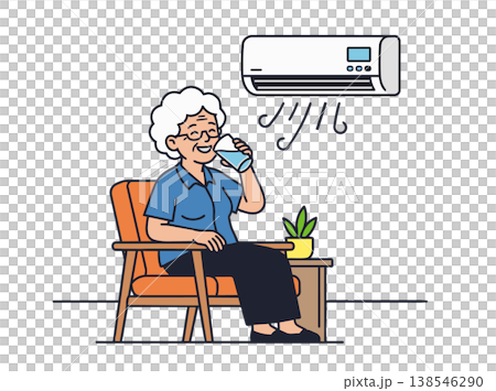 An illustration of an elderly person cooling off with an air conditioner and staying hydrated (heatstroke prevention). 138546290