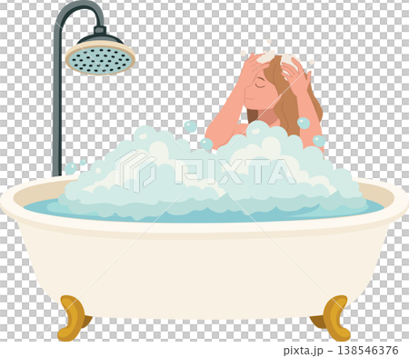 woman bathing in bathtub with foam bubbles bathroom hygiene self care relaxation flat illustration 138546376