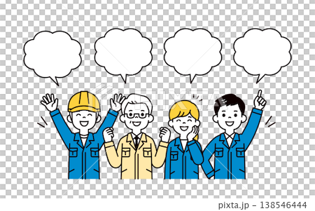 一組向量插圖，描繪了對話氣泡以及企業主和多名員工的上半身，他們表情生動，姿態充滿活力。 138546444