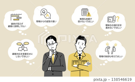 営業社員と現場社員のすれ違いや悩みを表したビジネスイラスト 138546619