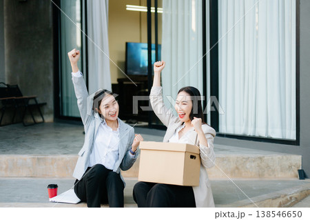 Happy businesswomen celebrating success and new job opportunity after career change, teamwork support, motivation, confidence 138546650