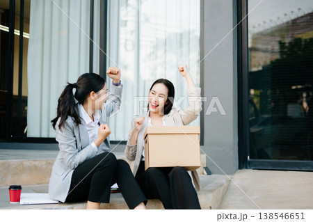 Happy businesswomen celebrating success and new job opportunity after career change, teamwork support, motivation, confidence 138546651