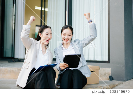 Happy businesswomen celebrating success and new job opportunity after career change, teamwork support, motivation, confidence 138546670