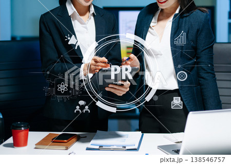 PR, Public relations concept. hands using laptop and tablet with public relations icon for communication advertising marketing strategy. with Ads and sales 138546757