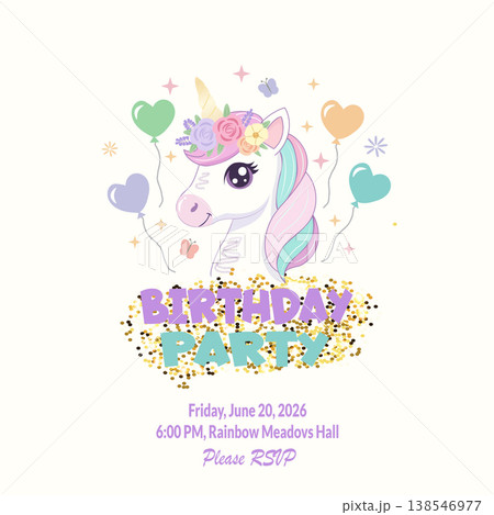 Unicorn Birthday Party Invitation for Kids with Colorful Balloons and Gold Accents Unicorn Birthday Party Invitation for Kids with Colorful Balloons and Gold Accents 138546977