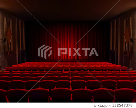 Empty Theater Seats Facing Red Velvet Stage Curtain. 138547379