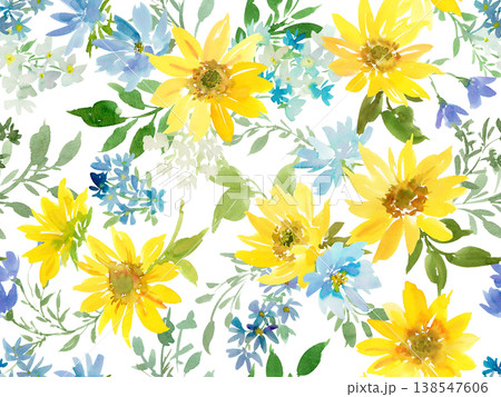 水彩で描いたひまわりと青い草花のシームレスパターン。夏の草花の壁紙。 水彩で描いたひまわりと青い草花のシームレスパターン。夏の草花の壁紙。 138547606
