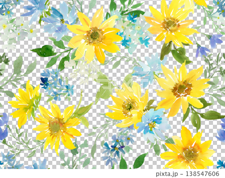 水彩で描いたひまわりと青い草花のシームレスパターン。夏の草花の壁紙。 水彩で描いたひまわりと青い草花のシームレスパターン。夏の草花の壁紙。 138547606