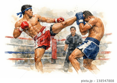 Watercolor Muay Thai Fighters High Kick Action in Ring Dynamic Combat Scene 138547808