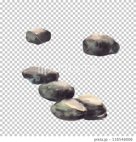 Natural stones set. Solid grey brown rocks pile, Sea or lake Pebbles element of landscape, forest, seascape, nature scene. Hand drawn watercolor realistic illustration for card, border, travel guide Natural stones set. Solid grey brown rocks pile, Sea or lake Pebbles element of landscape, forest, seascape, nature scene. Hand drawn watercolor realistic illustration for card, border, travel guide 138548006
