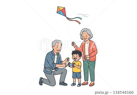 祖父母と孫が一緒に凧揚げを楽しむ温かいイラスト 138548160