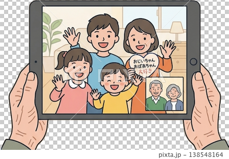 タブレットでビデオ通話する家族と祖父母のイラスト 138548164