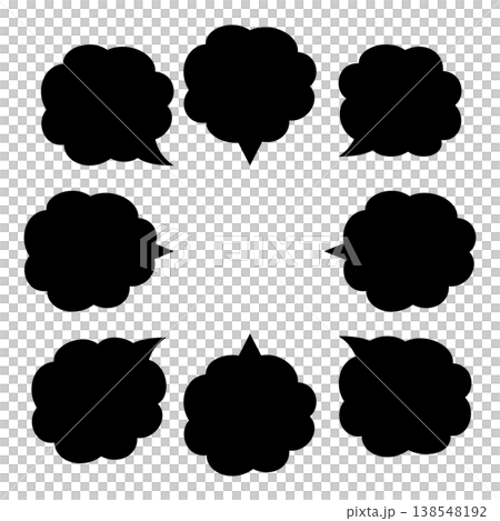 A set of black, fluffy speech bubbles facing in various directions. A set of black, fluffy speech bubbles facing in various directions. 138548192